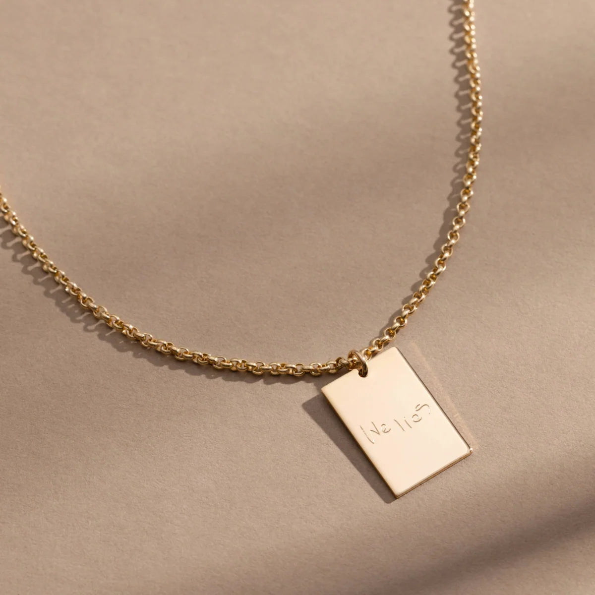 Engraved Handwriting Rolo Rectangle Necklace